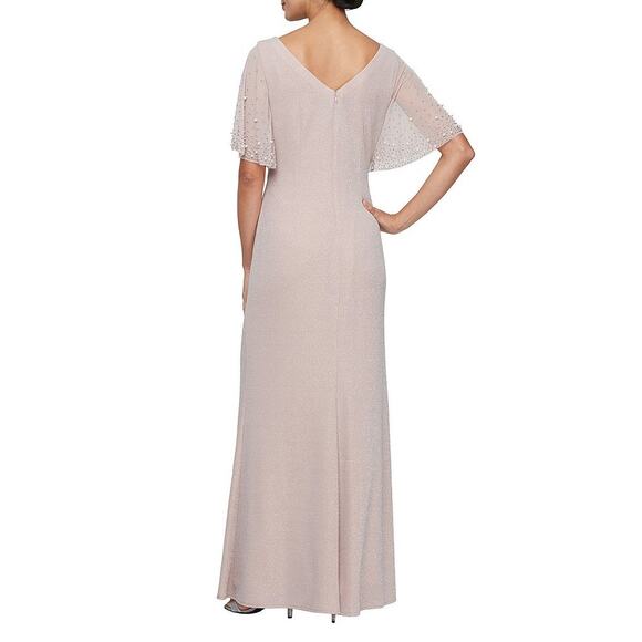Alex Evenings Metallic Embellished Flutter Sleeve Boat Neck Ruched Waist  Gown 4 - Picture 2 of 9
